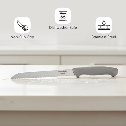 Restaurantware Comfy Grip 8 Inch Bread Knife 1 Sharp Serrated Knife - Ergonomic Handle Non-Slip Grip Gray Stainless Steel Bread Cutting Knife Dishwashable Slice All Types Of Bread