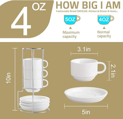 Sweejar Porcelain Espresso Cups with Saucers, 4 Ounce Stackable Cappuccino Cups with Metal Stand for Coffee Drinks, Latte, Tea - Set of 4 (Turquoise)