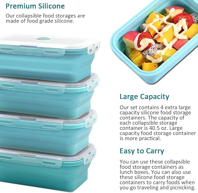 Alimat PluS 40.5oz Large Silicone Food Storage Containers with Lids, 4 Pack Set 1200ml Collapsible Meal Prep Lunch Containers, Microwave, Freezer and Dishwasher Safe