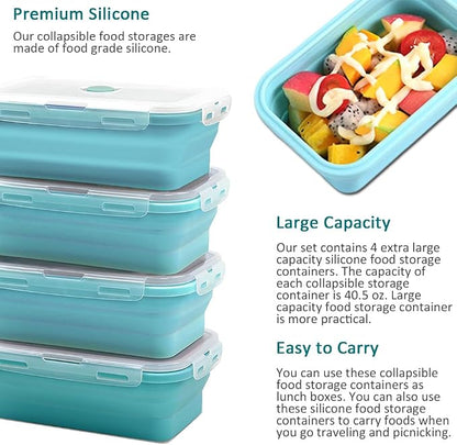 Alimat PluS 40.5oz Large Silicone Food Storage Containers with Lids, 4 Pack Set 1200ml Collapsible Meal Prep Lunch Containers, Microwave, Freezer and Dishwasher Safe