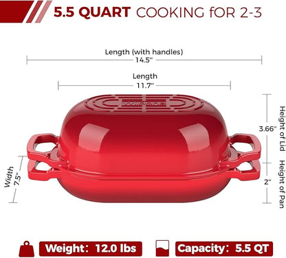 Enameled Cast Iron Bread Oven, Wildone 5.5QT Cast Iron Dutch Oven for Homemade Sourdough Bread Baking, Bread Pan with Lid & Cotton Potholders, Red