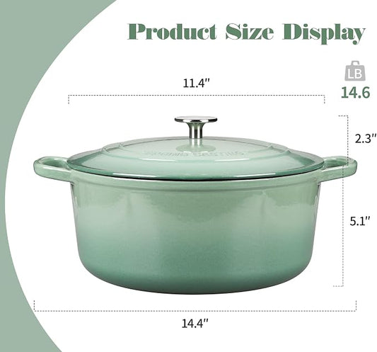 EDGING CASTING Enameled Dutch Ovens Cast Iron Dutch Oven Pot with Lid for Bread Baking, Cook, Dual Handle, 7 Quart, Sage Green