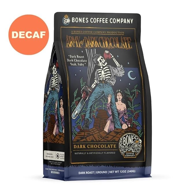 Bones Coffee Company Decaf Army of the Dark Chocolate Decaffeinated Flavored Coffee, Medium Roast Low Acid Arabica Beans Compatible with Auto drip and French Press Coffee Maker, 12 Oz Ground