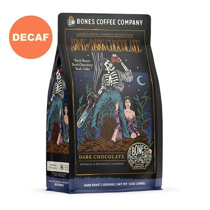 Bones Coffee Company Decaf Army of the Dark Chocolate Decaffeinated Flavored Coffee, Medium Roast Low Acid Arabica Beans Compatible with Auto drip and French Press Coffee Maker, 12 Oz Ground