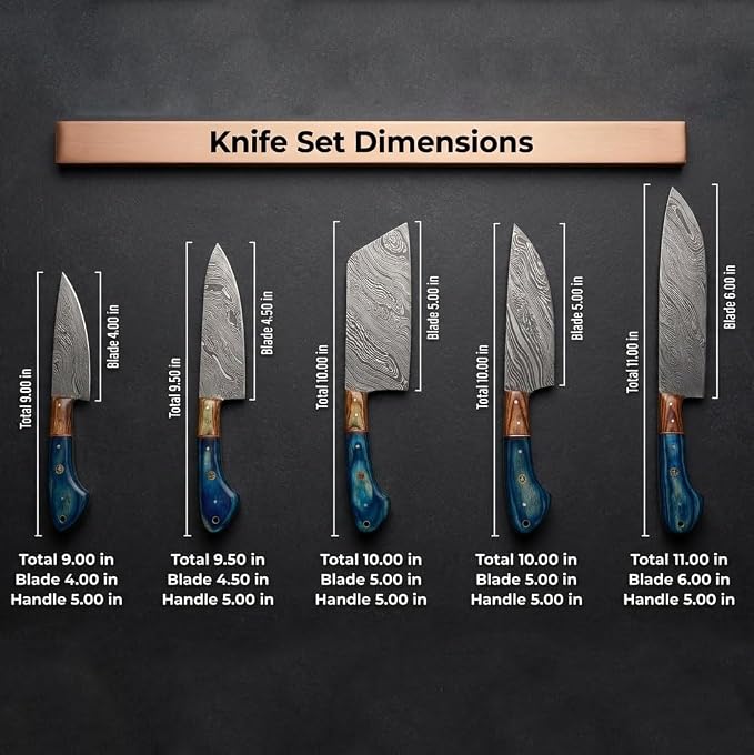 LEONA CRAFT® Custom Handmade Damascus Steel Chef Set Kitchen Knives with Leather Pouch 5 PCS Poplar Home Professional Knife Without Block Cool Blade Wood Handle Utensils Tops Tools Paring Knifes (011)