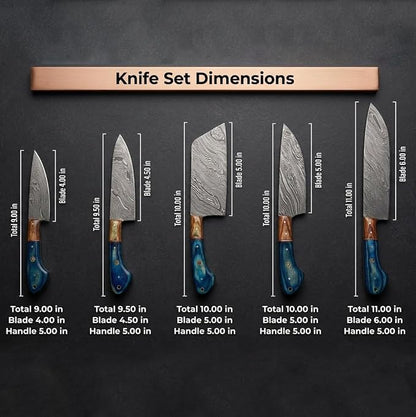 LEONA CRAFT® Custom Handmade Damascus Steel Chef Set Kitchen Knives with Leather Pouch 5 PCS Poplar Home Professional Knife Without Block Cool Blade Wood Handle Utensils Tops Tools Paring Knifes (011)