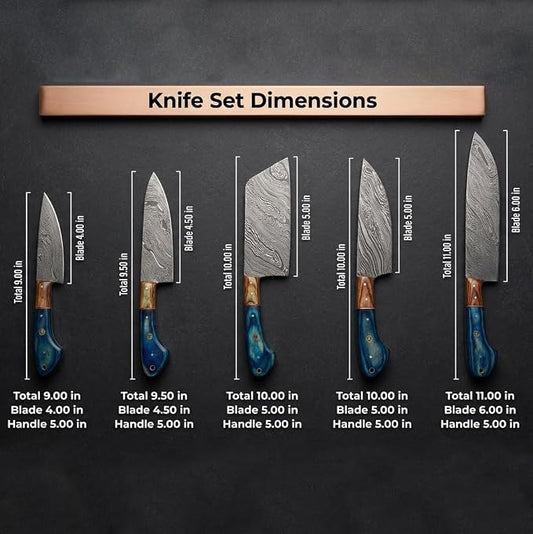 LEONA CRAFT® Custom Handmade Damascus Steel Chef Set Kitchen Knives with Leather Pouch 5 PCS Poplar Home Professional Knife Without Block Cool Blade Wood Handle Utensils Tops Tools Paring Knifes (011)
