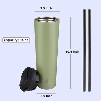 Konokyo 34 OZ Insulated Tumbler with Lid and 2 Straws Stainless Steel Water Bottle Vacuum Travel Mug Coffee Cup,ArmyGreen