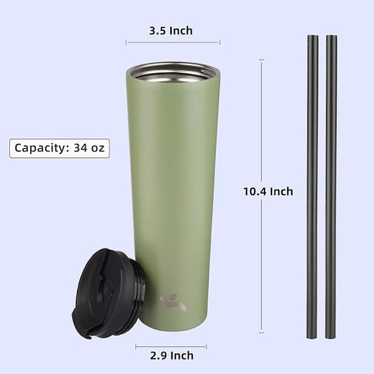 Konokyo 34 OZ Insulated Tumbler with Lid and 2 Straws Stainless Steel Water Bottle Vacuum Travel Mug Coffee Cup,ArmyGreen