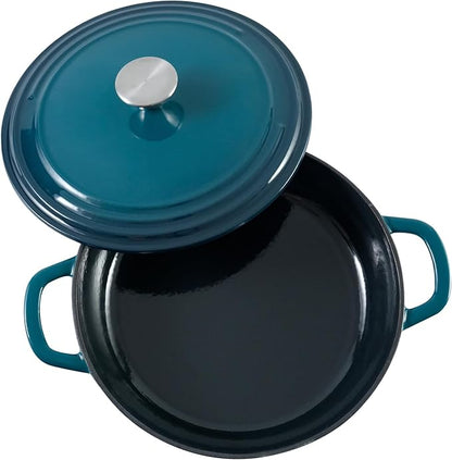 Flavehc Braiser Enameled Cast Iron Braiser 3 QT, Cast Iron Braiser Pan with Lid for Bread Baking, Soup & One Pot Meals, Small Shallow Dutch Oven Casserole for Oven & Induction, DarkCyan