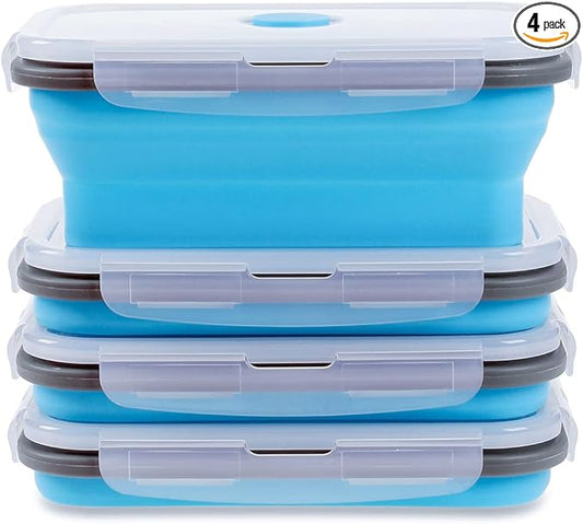 Collapsible Food Storage Containers with Airtight Lid & Vent Valve, 27 oz, Annaklin Kitchen Stacking Silicone Collapsible Meal Prep Container Set for Leftover, Microwave Freezer Safe, Blue, Set of 4