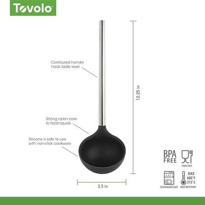 Tovolo Silicone Ladle With Stainless Steel Handle Deep Soup Ladle for Cooking Canning Serving Soup Punch Stew Sauce, Large Kitchen Utensil Spoon Dishwasher Safe BPA Free Silicone Black