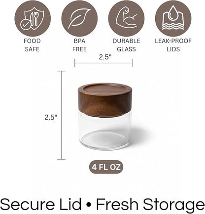 Wide Mouth Glass Storage Jars With 2.5" Acacia Wood Lids - 4 Pack of 4 Oz Food Storage Containers - Borosilicate Glass Canisters Sets For Kitchen - Pantry Organizers and Storage for Rice Coffee Beans