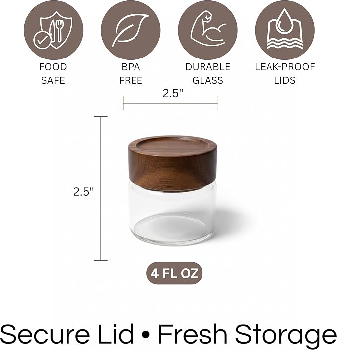 Wide Mouth Glass Storage Jars With 2.5" Acacia Wood Lids - 6 Pack of 4 Oz Food Storage Containers - Borosilicate Glass Canisters Sets For Kitchen - Pantry Organizers and Storage for Rice Coffee Beans