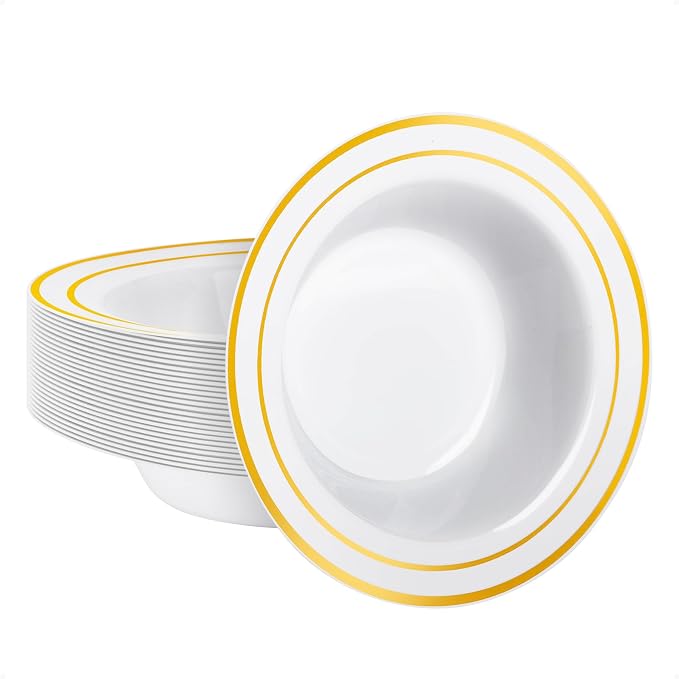 Goodluck 25 Pack Plastic Bowls with Gold Rim, 12oz Disposable Soup Bowls, Heavy Duty Dessert Bowls for Weddings, Parties, Dinners, Catering, Thanksgiving and Everyday Use