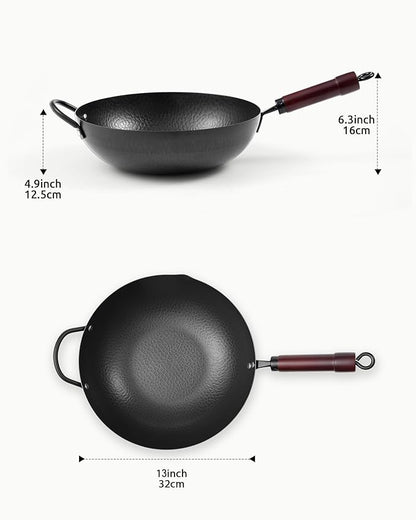 FGJ Wok Pan, Carbon Steel Wok, Woks & Stir-Fry Pans Nonstick, 13 Inch Wok Pan with Wooden Lid, Pre-Seasoned Carbon Steel Cookware, 5.8QT Flat Bottom Chinese Wok Pan, Compatible with All Cooktops