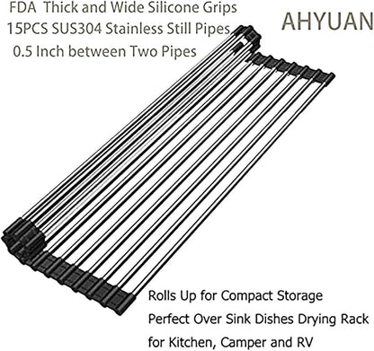 Ahyuan Roll up Dish Drying Rack Over The Sink Kitchen Roll up Sink Drying Rack Portable Dish Drainer Foldable Dish Drying Rack (Black, 17.8''X11.8'')