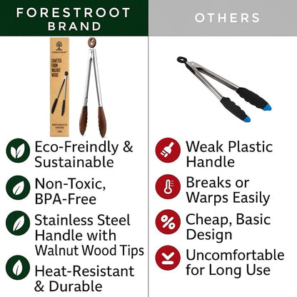 Walnut Wood Kitchen Tongs – 12-Inch Nonstick-Safe Wooden Salad & Grill Tongs for Cooking, Serving, BBQ, and Tossing Salad – Durable Stainless Steel Core with Natural Wooden Tips
