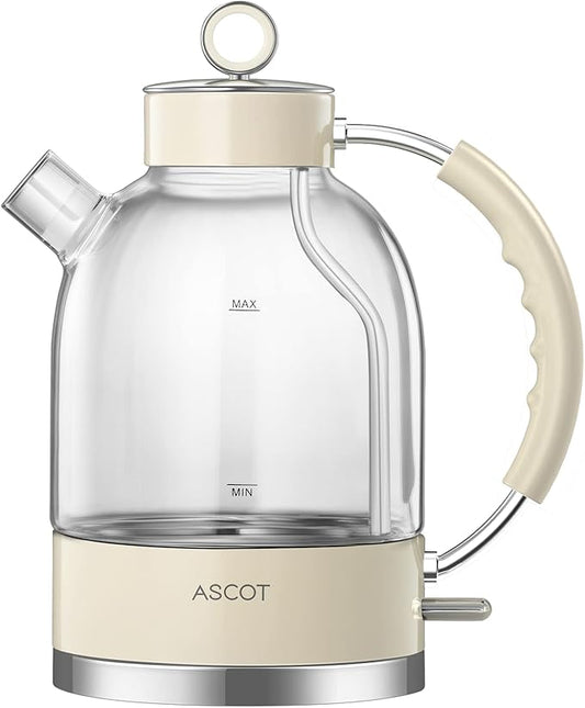 ASCOT Electric Kettle, Glass Electric Tea Kettle for Men/Women/Family 1.5L 1500W Borosilicate Glass Tea Heater, with Auto Shut-Off and Boil-Dry Protection (Beige)