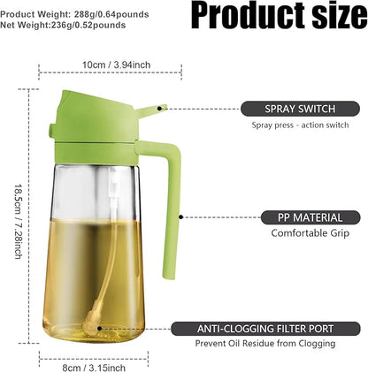 2 in 1 Glass Oil Sprayer & Dispenser,16oz/470ml Olive Cooking, Air Fryer, and Salad, for Kitchen Gadgets and Air Fryer Accessories, w/Stickers (Green)