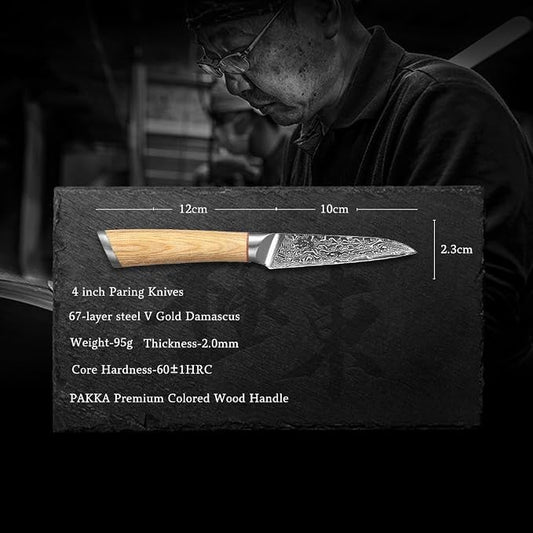 DONGSUN 4 Inch Damascus Paring Knife with North American Black Walnut Sheath, 67-Layer VG10 Forged Steel Japanese Fruit Knife, Professional Durable Sharpness