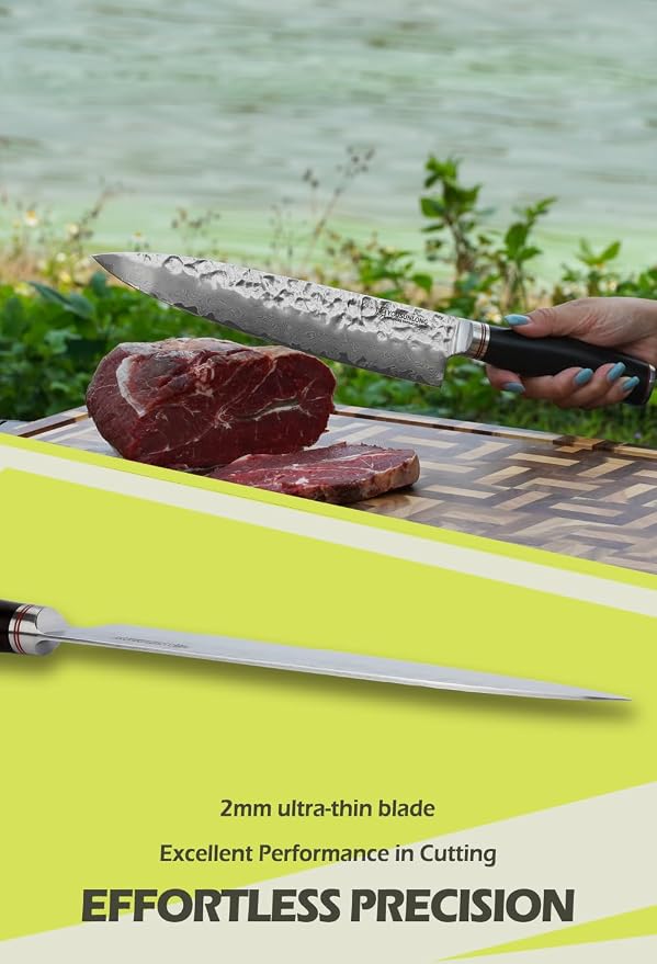 YOUSUNLONG Gyuto 10 inch Pro Chef's Knives Japanese Hammered Damascus Natural Leadwood Handle with Leather Sheath