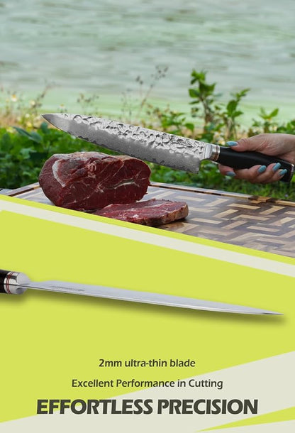 YOUSUNLONG Gyuto 10 inch Pro Chef's Knives Japanese Hammered Damascus Natural Leadwood Handle with Leather Sheath