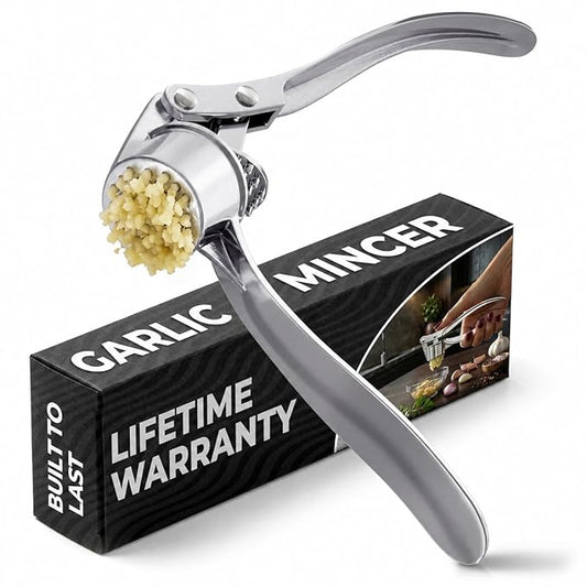 Metal Garlic Press - Ginger Mincer with 37 Built-In Studs for Maximum Extraction, Garlic Crusher for Ginger and Soft Nuts, Rust-Resistant, Ergonomic Handle, No Peel Needed, Hand Wash Only, Silver