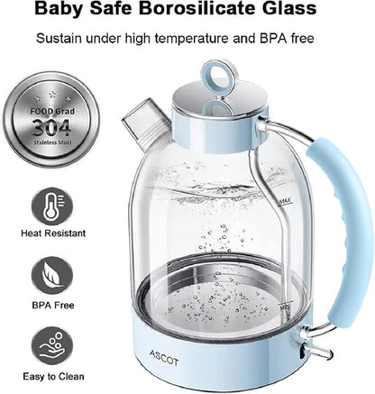 ASCOT Electric Kettle, Glass Electric Tea Kettle Gifts for Men/Women/Family 1.5L 1500W Borosilicate Glass Tea Heater, with Auto Shut-Off and Boil-Dry Protection (Blue)