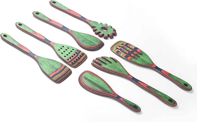 7 Pcs Wood Cooking Utensils Set, Wooden Kitchen Utensil Set for Cooking, Wooden Cooking Spoons & Spatulas, Safe for Non-Stick Cookware, Blue