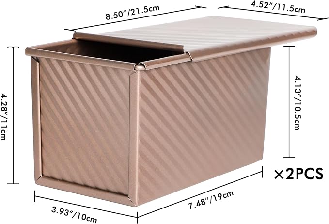 Beasea Pullman Loaf Pan with Lid, 2 Pack 1 lb Non-Stick Bread Loaf Pans Carbon Steel Bread Toast Box with Cover for Homemade Bakeware Bread Toast Oven Baking - Rose Gold