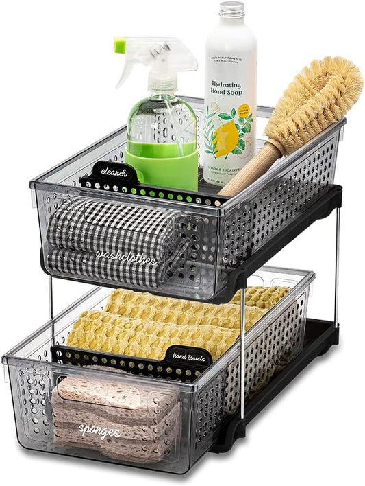 madesmart 2-Tier Organizer Multi-Purpose Slide-Out Storage with Handles and Dividers for Home and Bath, Pack of 4, Carbon
