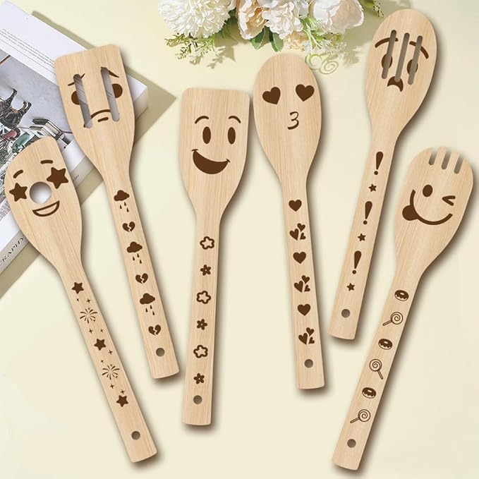 6Pcs 6 Styles Funny Wood Spoon Set for Cooking 2.4 x 11.8 Inch Durable Spatula, Smile Faces Bamboo Kitchen Utensils for Housewarming Wedding Anniversary Thanksgiving Birthday Gifts Use