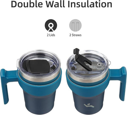 Konokyo 10 oz Tumbler with Handle and 2 Straw 2 Lid, Insulated Water Bottle Stainless Steel Vacuum Cup Reusable Travel Mug,Indigo Black