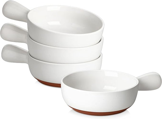 MALACASA 23 Oz French Onion Soup Bowls With Handles, Ceramic Soup Crocks for Cereal, Pasta, Beef Stew, Chilli, Oven Microwave Dishwasher Safe, Set of 4, White, Series TARA