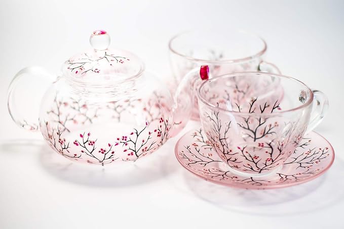 Cherry Blossom Teapot with Cups and Saucers Elegant Tea Set Women Hand Painted Personalized Mother's Day Gift Handmade Luxurious Tea Accessories for Tea Party Japanese Style Teapot Set