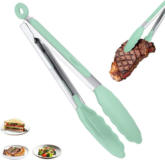 Silicone Salad Tongs, 9 Inch, Pistachio Color | 304 Stainless Steel Core, Non-Slip Grip, For Grilling Salad