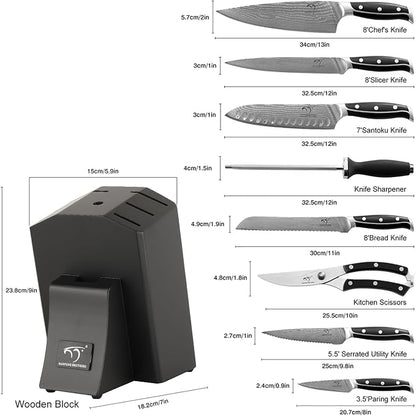 Damascus Kitchen Knife Set with Block, 9-Piece 67-Layer VG10 Damascus Steel Knife Set with Triple-Rivet Handles, Chef, Santoku, Utility, Bread & Paring Knives, Sharpener, Shears, Black