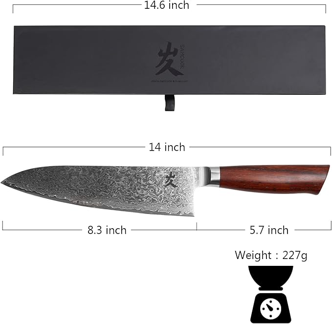 SAMCOOK Damascus Chef Knife - 8 Inch Professional Sharp Gyuto Knife - Japanese VG-10 High Carbon Stainless Steel Kitchen Cooking knife - Ergonomic Sandalwood Handle with Gift Box