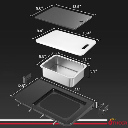 Utheer Front Folding Grill Table for Weber Searwood 600 – 23" x 12.5" Large Front Shelf with Stainless Steel Basin, Works Cutting Board, Lid & 5 Hooks, Heavy-Duty Weber Searwood 600 Accessories