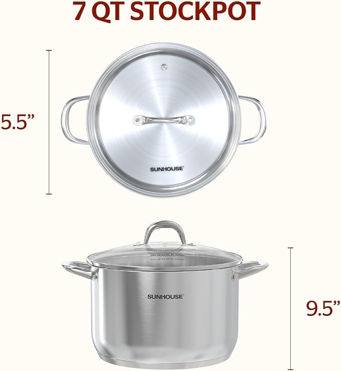 Sunhouse Stock Pot with Lid - 7 QT Large Pot for Cooking Pasta, Soup, Spaghetti - Impact Bonding Base Big Stainless Steel Pots for Canning, Boiling - Oven Safe & Induction Compatible Cookware
