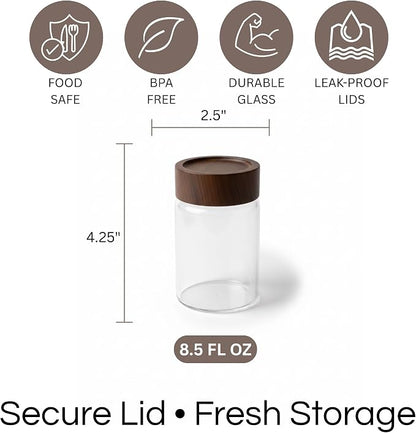 Wide Mouth Glass Storage Jars With 2.5" Acacia Wood Lids - 4 Pack of 8.5 Oz Food Storage Containers - Borosilicate Glass Canisters Sets For Kitchen - Pantry Organizers and Storage for Rice Coffee