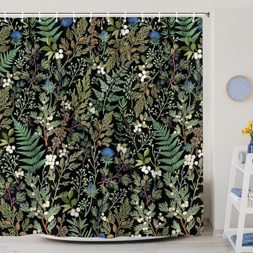 Vintage Botanical Shower Curtain, Elegant Boho Gothic Dark Green Ferns Floral Leaves Shower Curtain for Bathroom, Retro Whimsical Cottage Core Wildflower Farmhouse Curtain Bathroom Accessories 72X72