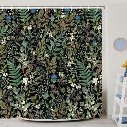 Vintage Botanical Shower Curtain, Elegant Boho Gothic Dark Green Ferns Floral Leaves Shower Curtain for Bathroom, Retro Whimsical Cottage Core Wildflower Farmhouse Curtain Bathroom Accessories 72X72