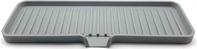 Silicone Soap Dish Tray and Sponge Holder with Drain Chute, Rectangular, Kitchen and Bathroom Sink Organizer (Grey, 12"x4")