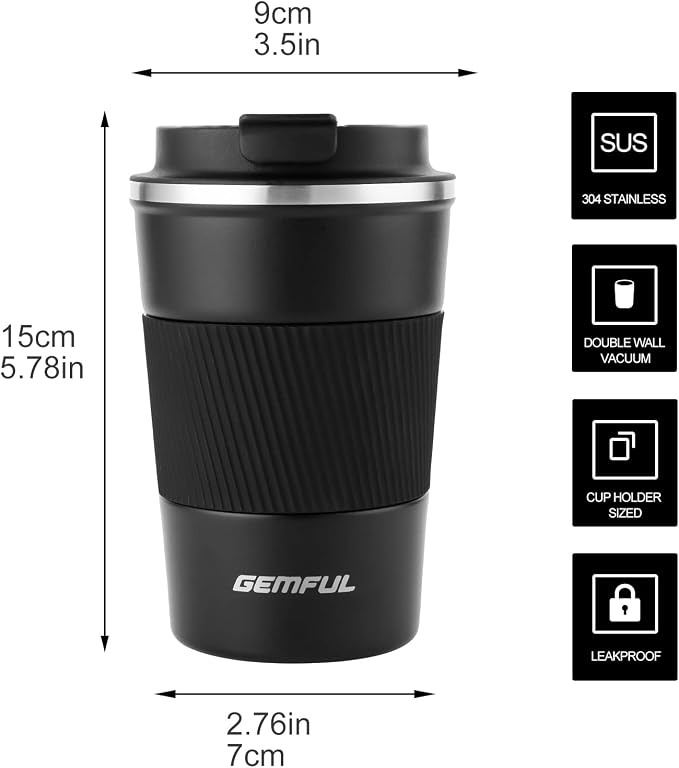 GEMFUL Leak Proof Coffee Travel Mug with Lid 13 oz Insulated Vacuum Stainless Steel Coffee Tumbler Spill Proof for Hot Cold Drinks Car Office School Party Camping (2 Pack)