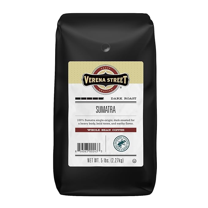 Verena Street 5 Pound Whole Bean Coffee, Dark Roast, 100% Sumatra Single Origin, Rainforest Alliance Certified Arabica Coffee