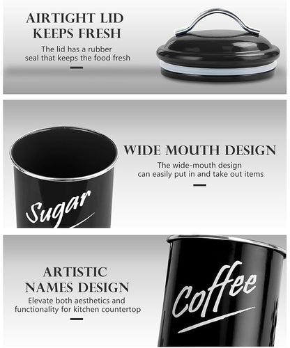 Hillbond Kitchen Canister Set of 4, Airtight Stainless Steel Food Storage Containers with Lids, Flour Sugar Coffee Tea Canisters for Countertop, Metal Kitchen Storage Jars, Black