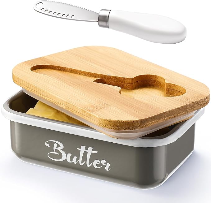 Butter Dish with Lid for Countertop, AISBUGUR Metal Butter Keeper with Stainless Steel Multipurpose Butter Knife, Large Butter Container with Double High-quality Silicone Good Kitchen Gift Grey