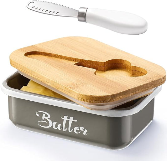 Butter Dish with Lid for Countertop, AISBUGUR Metal Butter Keeper with Stainless Steel Multipurpose Butter Knife, Large Butter Container with Double High-quality Silicone Good Kitchen Gift Grey